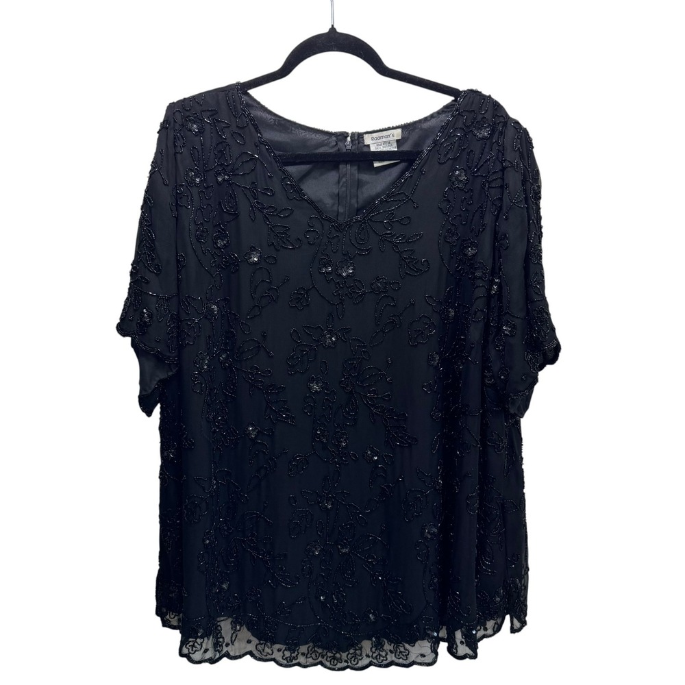Roamans Silk Party Floral Bridal Beaded Formal Top 26W Black Short Sleeve V-Neck